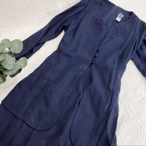 DJ & Co by Dawn Joy Navy Blue Embroidered Dress with Attached Jacket EUC Size 14